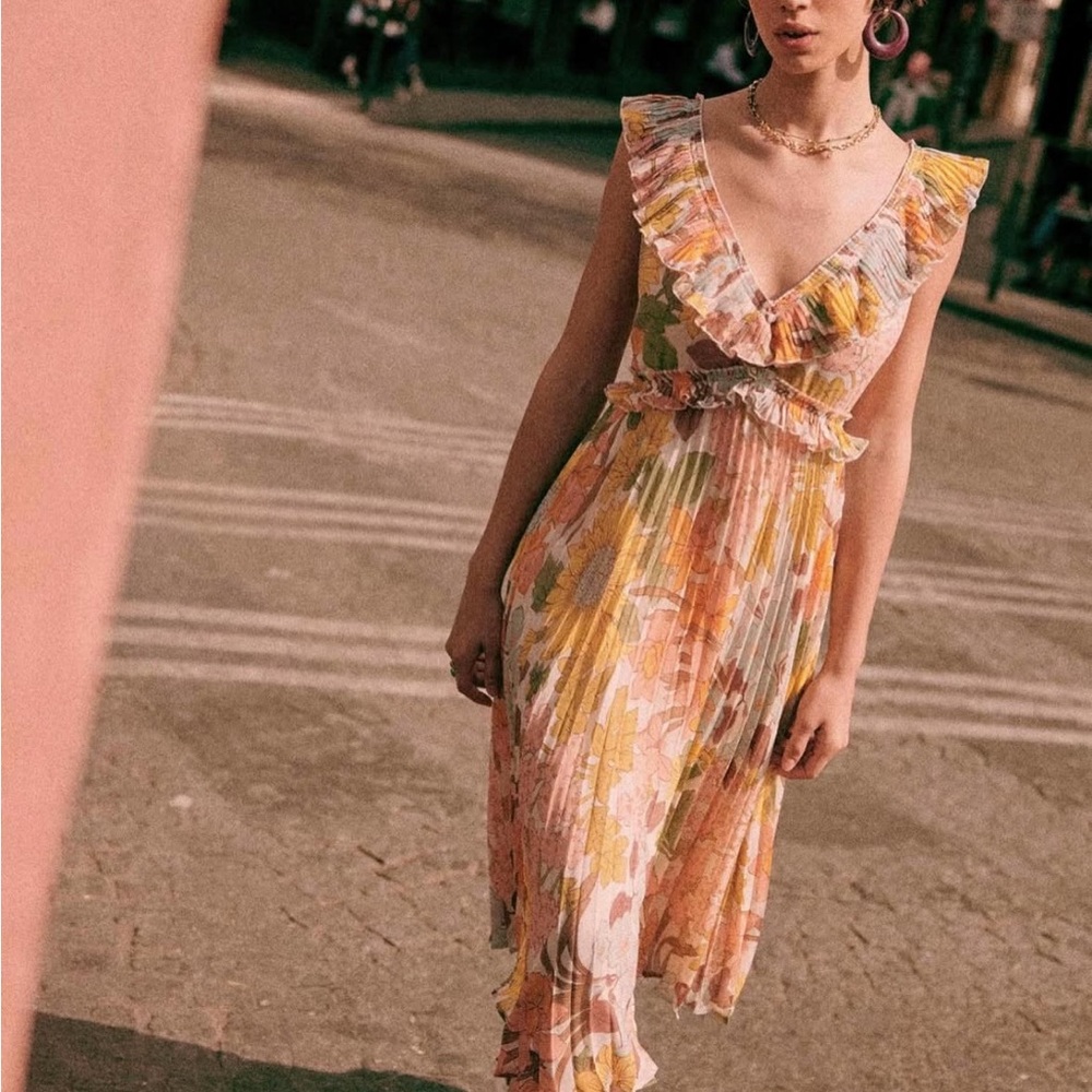 Sezane Pleated Orange and Pink Midi Sundress